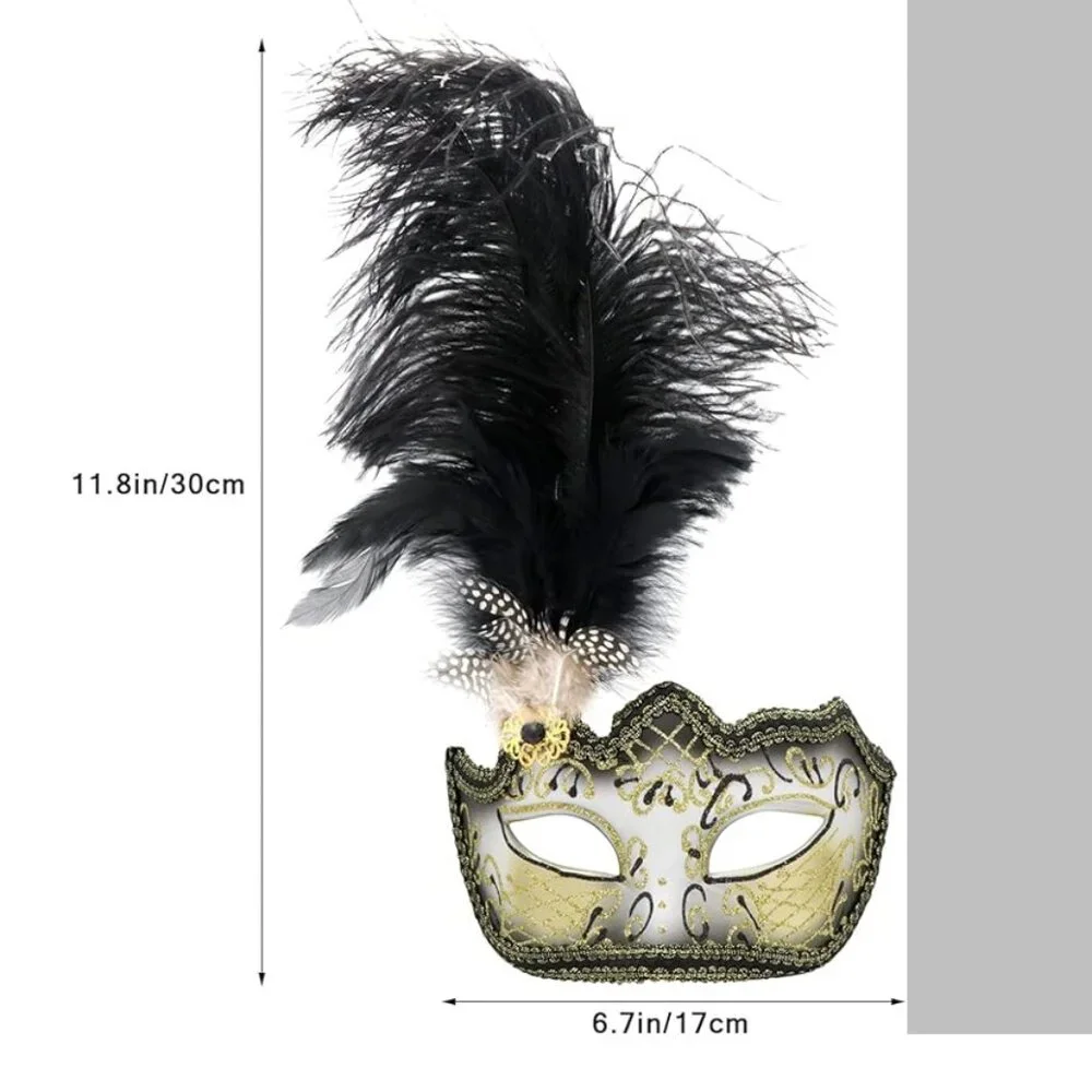 Feather Masquerade Mask Black Silver & Gold Venetian Style Halloween Costume